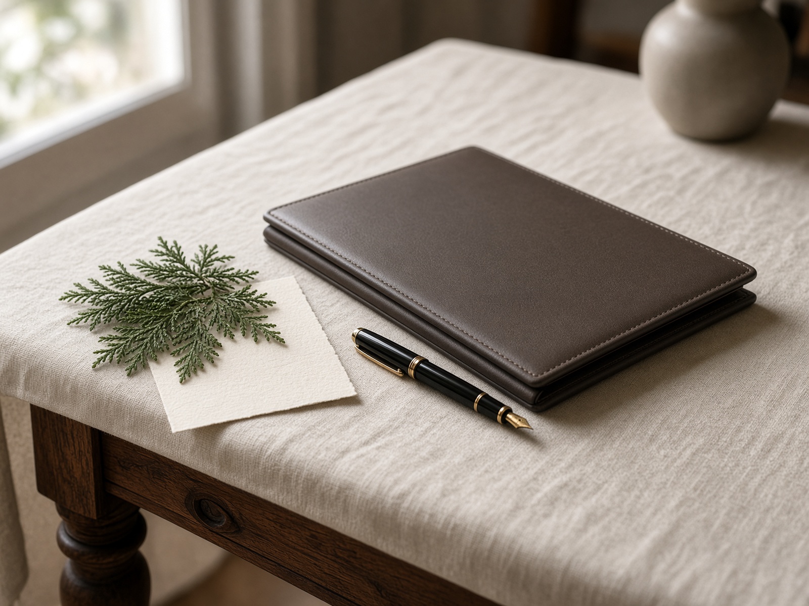 Leather portfolio, fountain pen, and a sprig of evergreen