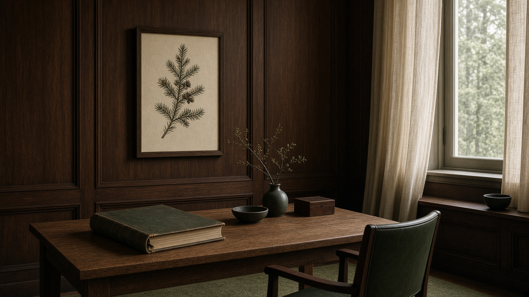 Quiet private study with walnut paneling and a botanical print